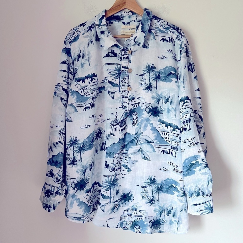 Cynthia Rowley Novelty Print The Amalfi Coast Italy Linen Pullover Blouse Travel